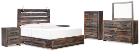Drystan King Panel Bed with 4 Storage Drawers with Mirrored Dresser, Chest and 2 Nightstands in Multi from Ashley Furniture - Luna Furniture