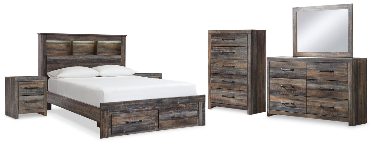 Drystan Queen Bookcase Bed with 2 Storage Drawers with Mirrored Dresser, Chest and 2 Nightstands in Multi from Ashley - Luna Furniture
