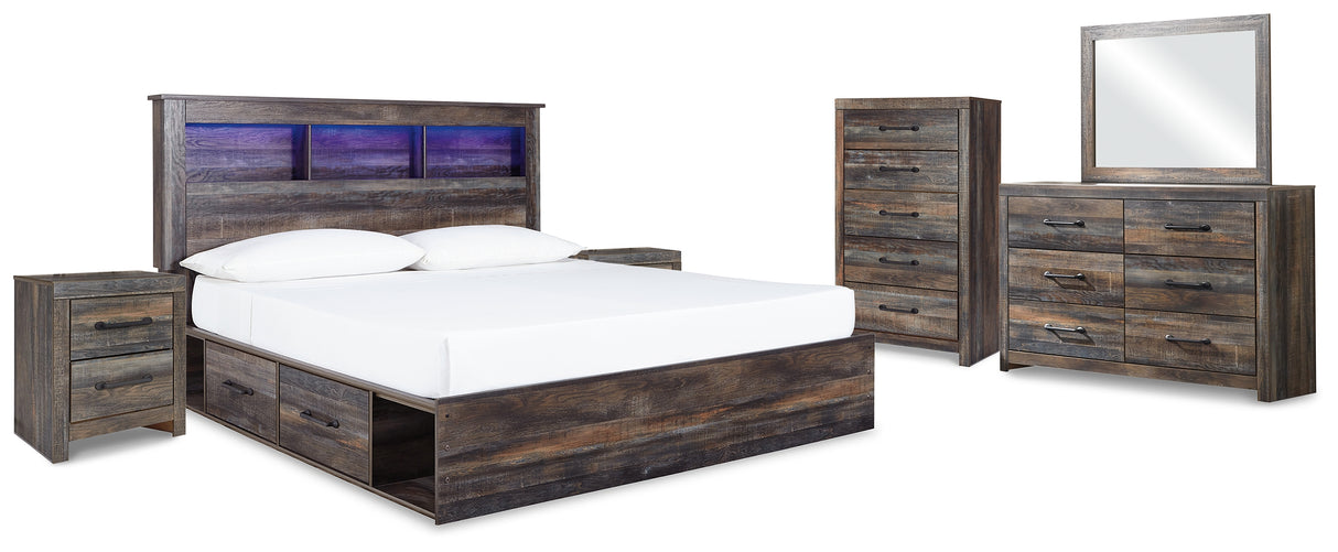 Drystan King Bookcase Bed with 2 Storage Drawers with Mirrored Dresser, Chest and 2 Nightstands in Multi from Ashley - Luna Furniture