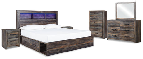 Drystan King Bookcase Bed with 2 Storage Drawers with Mirrored Dresser, Chest and 2 Nightstands in Multi from Ashley - Luna Furniture