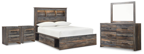 Drystan Full Bookcase Bed with 2 Storage Drawers with Mirrored Dresser and 2 Nightstands in Multi from Ashley Furniture - Luna Furniture