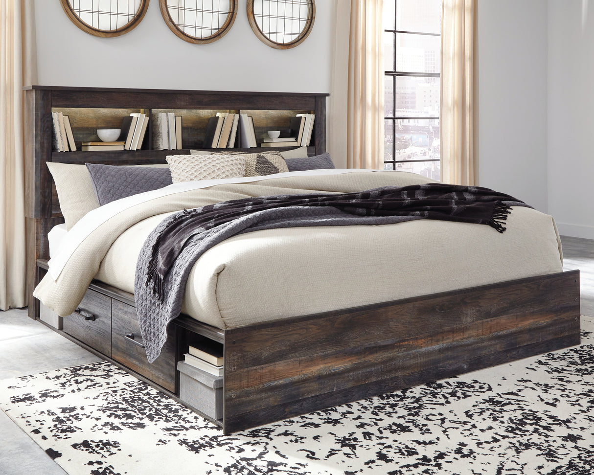 Drystan King Bookcase Bed with 2 Storage Drawers with Mirrored Dresser, Chest and 2 Nightstands in Multi from Ashley - Luna Furniture