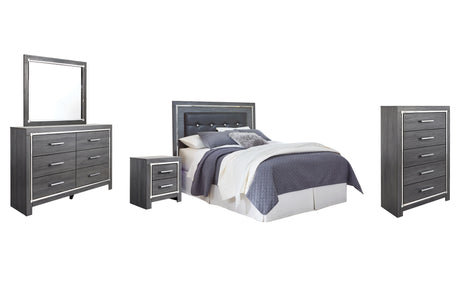 Lodanna Queen/Full Upholstered Panel Headboard Bed with Mirrored Dresser, Chest and Nightstand in Gray from Ashley Furniture - Luna Furniture