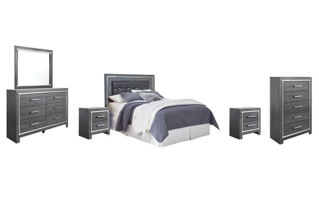 Lodanna Queen/Full Upholstered Panel Headboard Bed with Mirrored Dresser, Chest and 2 Nightstands in Gray from Ashley Furniture - Luna Furniture