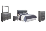 Lodanna King/California King Upholstered Panel Headboard Bed with Mirrored Dresser, Chest and Nightstand in Gray from Ashley - Luna Furniture
