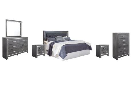 Lodanna King/California King Upholstered Panel Headboard Bed with Mirrored Dresser, Chest and 2 Nightstands in Gray from Ashley Furniture - Luna Furniture
