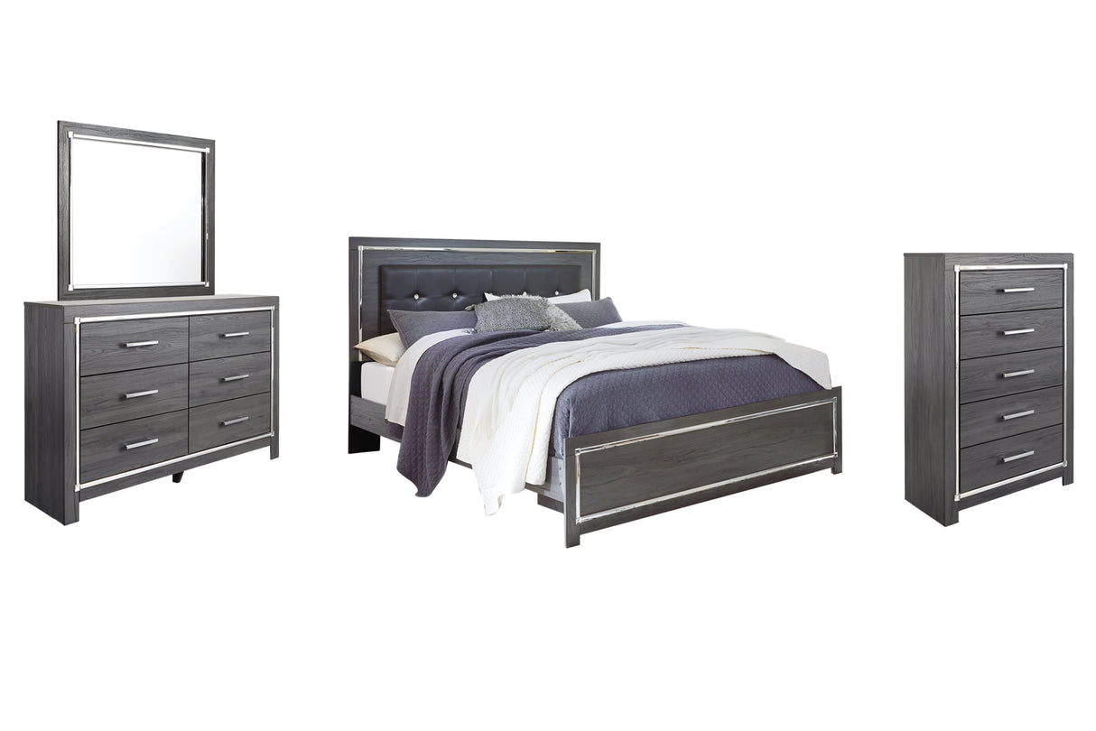 Lodanna Gray King Panel Bed with Mirrored Dresser and Chest from Ashley - Luna Furniture