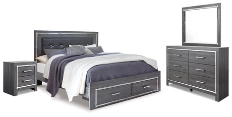 Lodanna Gray King Panel Bed with 2 Storage Drawers, Dresser, Mirror and Nightstand from Ashley Furniture - Luna Furniture