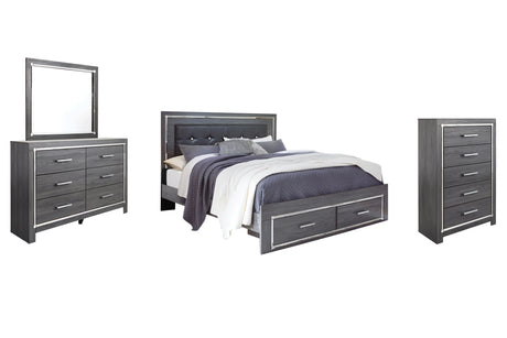Lodanna Gray King Panel Bed with 2 Storage Drawers with Mirrored Dresser and Chest from Ashley Furniture - Luna Furniture