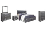 Lodanna King Panel Bed with 2 Storage Drawers with Mirrored Dresser, Chest and Nightstand in Gray from Ashley - Luna Furniture