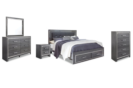 Lodanna King Panel Bed with 2 Storage Drawers with Mirrored Dresser, Chest and Nightstand in Gray from Ashley Furniture - Luna Furniture