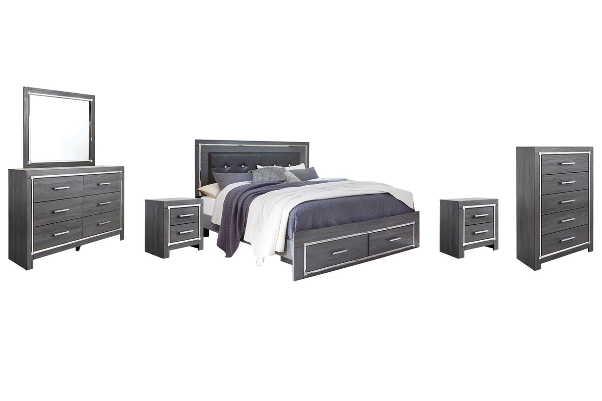 Lodanna King Panel Bed with 2 Storage Drawers with Mirrored Dresser, Chest and 2 Nightstands in Gray from Ashley - Luna Furniture