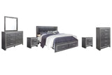 Lodanna King Panel Bed with 2 Storage Drawers with Mirrored Dresser, Chest and 2 Nightstands in Gray from Ashley - Luna Furniture