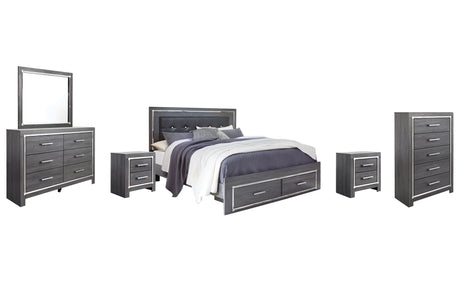 Lodanna King Panel Bed with 2 Storage Drawers with Mirrored Dresser, Chest and 2 Nightstands in Gray from Ashley Furniture - Luna Furniture