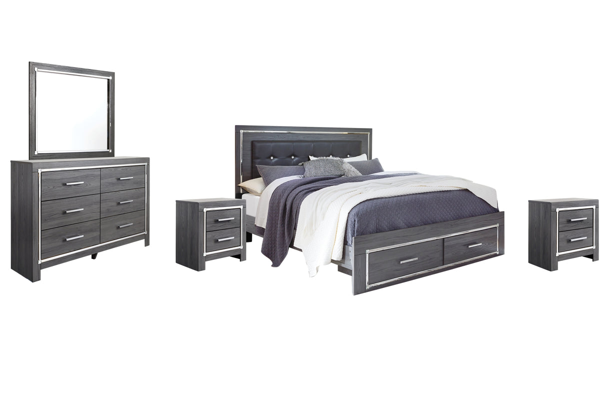 Lodanna Gray King Panel Bed with 2 Storage Drawers with Mirrored Dresser and 2 Nightstands from Ashley Furniture - Luna Furniture
