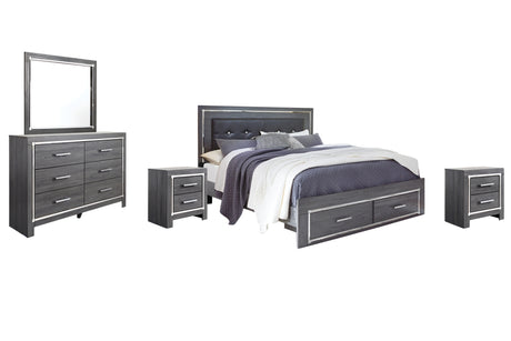 Lodanna Gray King Panel Bed with 2 Storage Drawers with Mirrored Dresser and 2 Nightstands from Ashley Furniture - Luna Furniture