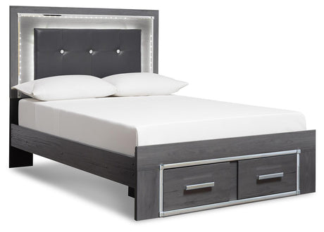 Lodanna King Panel Bed with 2 Storage Drawers with Mirrored Dresser, Chest and Nightstand in Gray from Ashley Furniture - Luna Furniture