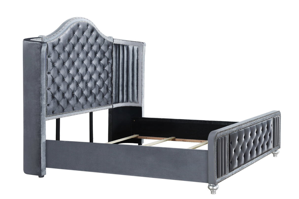 Cameo Gray Queen Upholstered Wingback Panel Bed