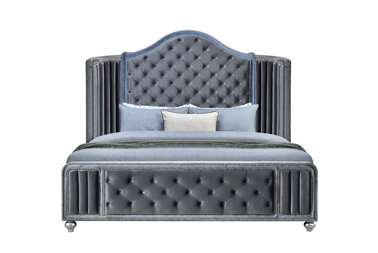 Cameo Gray Queen Upholstered Wingback Panel Bed