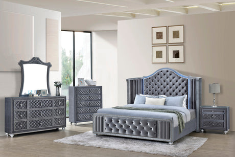 Cameo Gray King Upholstered Wingback Panel Bed