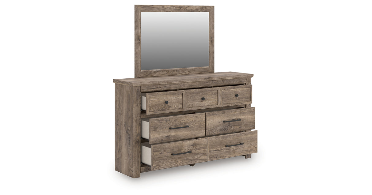 Rusticott Queen Poster Bed with Mirrored Dresser and Nightstand in Brown from Ashley Furniture - Luna Furniture