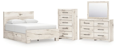 Lawroy Light Natural Queen Panel Bed with Mirrored Dresser and Chest from Ashley - Luna Furniture