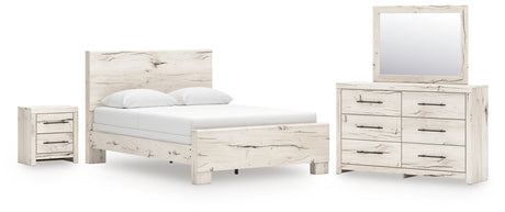 Lawroy Queen Panel Bed with Mirrored Dresser and Nightstand in Light Natural from Ashley Furniture - Luna Furniture