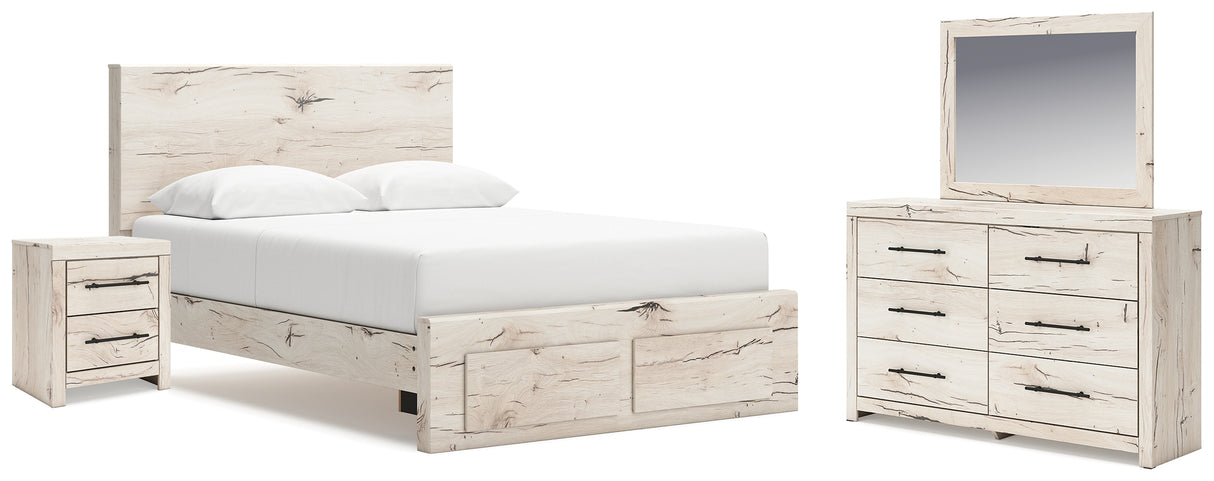 Lawroy Queen Panel Storage Bed with Mirrored Dresser and Nightstand in Light Natural from Ashley - Luna Furniture