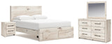 Lawroy Queen Panel Storage Bed with Mirrored Dresser and Nightstand in Light Natural from Ashley - Luna Furniture