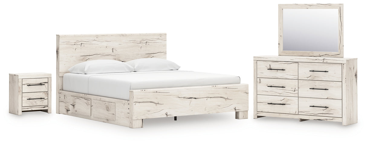 Lawroy King Panel Bed with Mirrored Dresser and Nightstand in Light Natural from Ashley - Luna Furniture