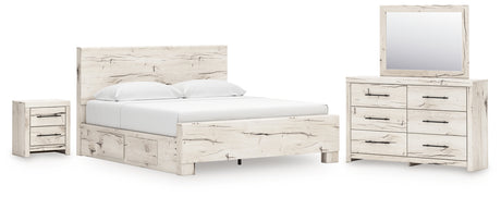 Lawroy King Panel Bed with Mirrored Dresser and Nightstand in Light Natural from Ashley - Luna Furniture