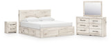Lawroy King Panel Storage Bed with Mirrored Dresser and Nightstand in Light Natural from Ashley Furniture - Luna Furniture