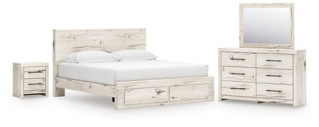 Lawroy King Panel Storage Bed with Mirrored Dresser and Nightstand in Light Natural from Ashley - Luna Furniture