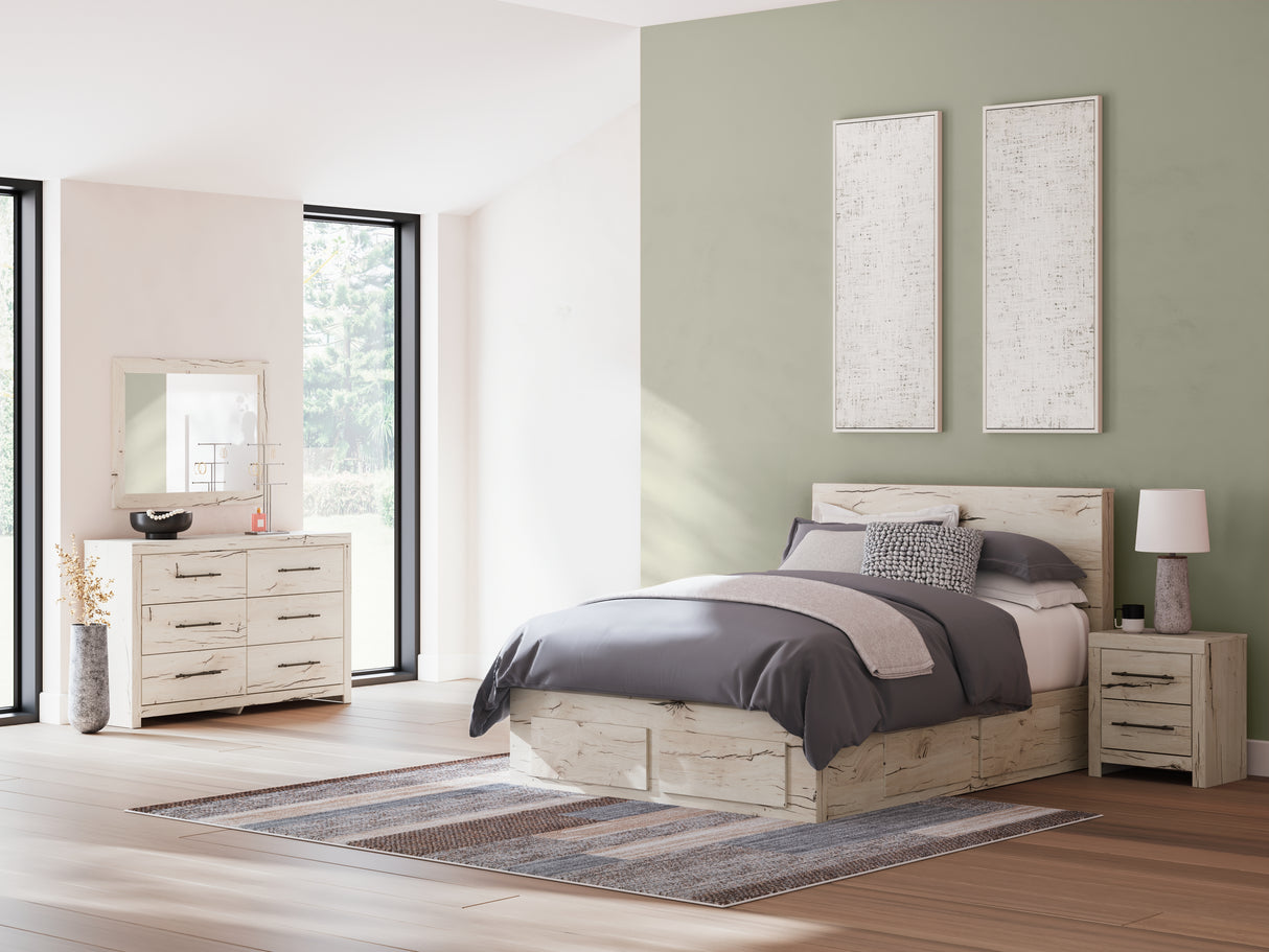 Lawroy Queen Panel Storage Bed with Mirrored Dresser and Nightstand in Light Natural from Ashley - Luna Furniture
