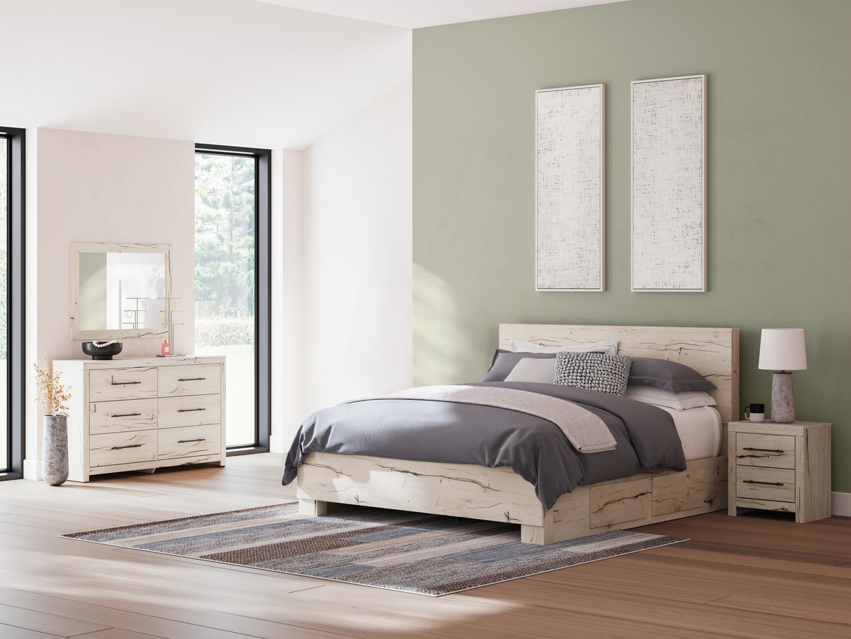 Lawroy King Panel Bed with Mirrored Dresser and Nightstand in Light Natural from Ashley - Luna Furniture