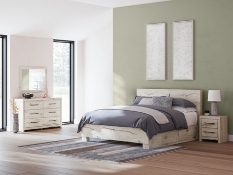 Lawroy King Panel Bed with Mirrored Dresser and Nightstand in Light Natural from Ashley - Luna Furniture