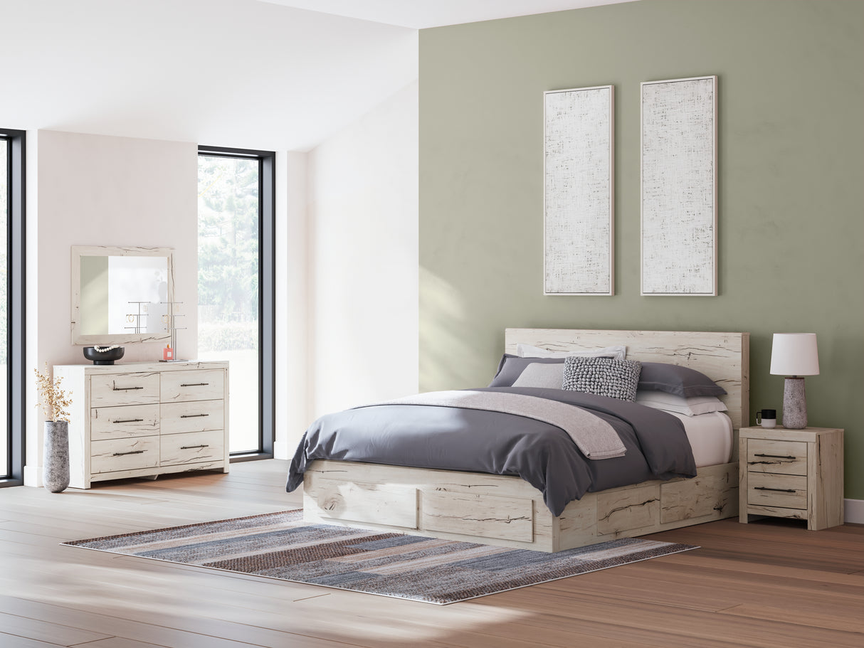 Lawroy King Panel Storage Bed with Mirrored Dresser and Nightstand in Light Natural from Ashley Furniture - Luna Furniture