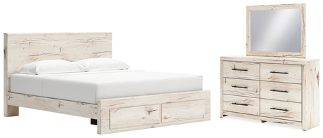 Lawroy King Panel Storage Bed with Mirrored Dresser in Light Natural from Ashley Furniture - Luna Furniture