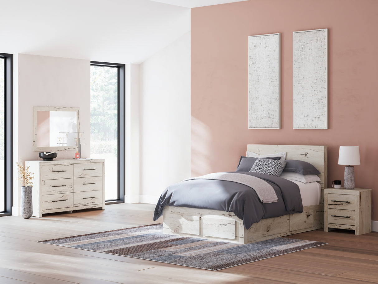 Lawroy Full Panel Storage Bed with Mirrored Dresser and Nightstand in Light Natural from Ashley - Luna Furniture