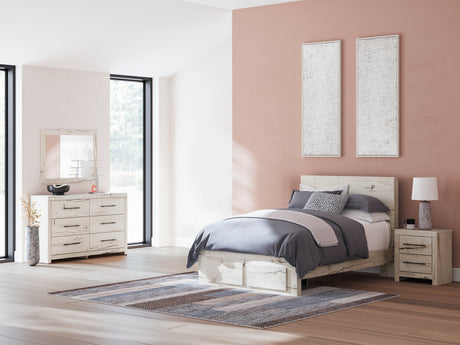 Lawroy Full Panel Storage Bed with Mirrored Dresser and Nightstand in Light Natural from Ashley - Luna Furniture