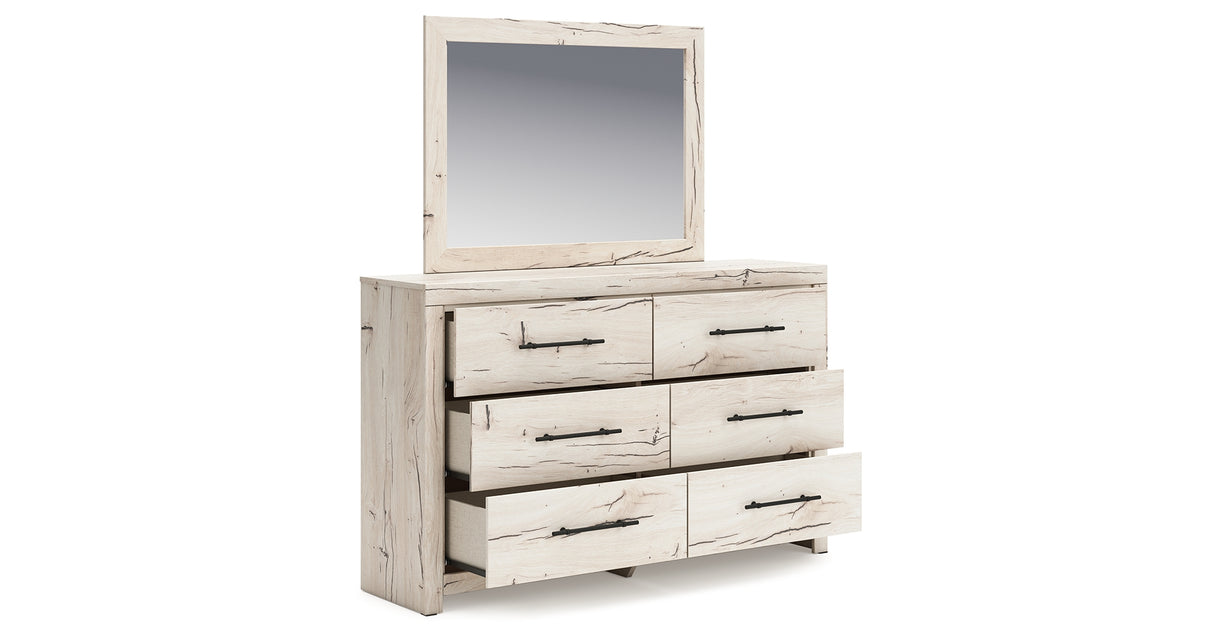 Lawroy Queen Panel Storage Bed with Mirrored Dresser and Nightstand in Light Natural from Ashley Furniture - Luna Furniture