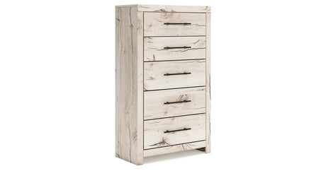 Lawroy King Panel Storage Bed with Mirrored Dresser and Chest in Light Natural from Ashley - Luna Furniture