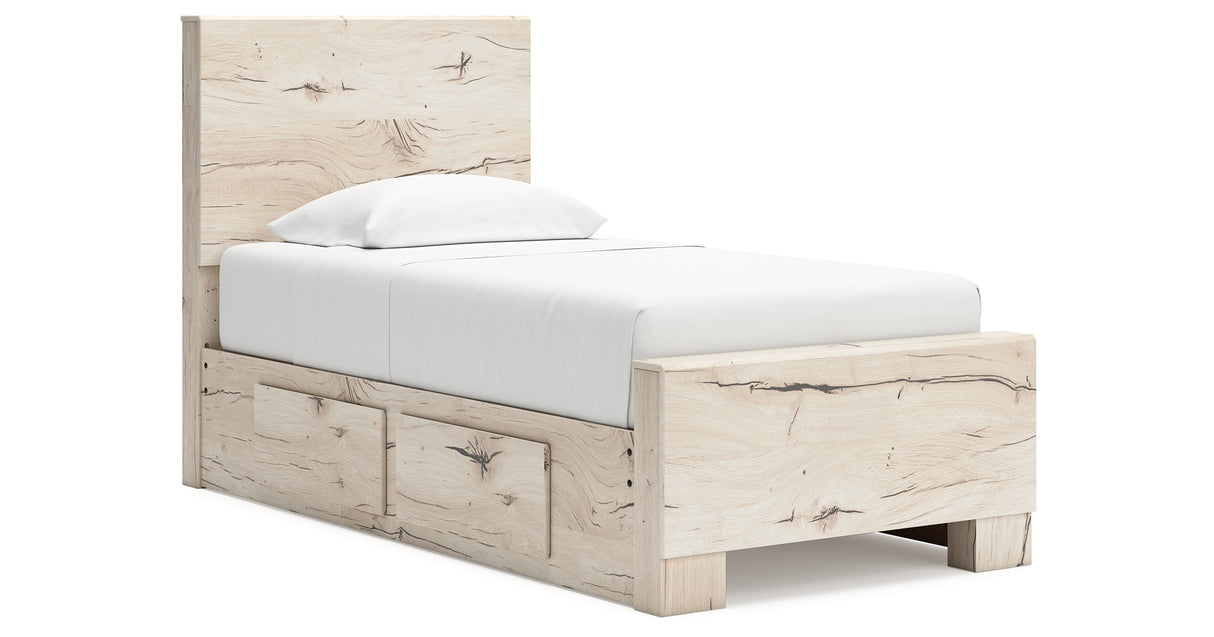 Lawroy Twin Panel Bed with Mirrored Dresser in Light Natural from Ashley - Luna Furniture