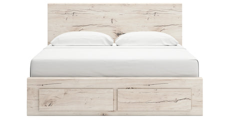 Lawroy Light Natural King Panel Storage Bed with Mirrored Dresser and Chest from Ashley - Luna Furniture