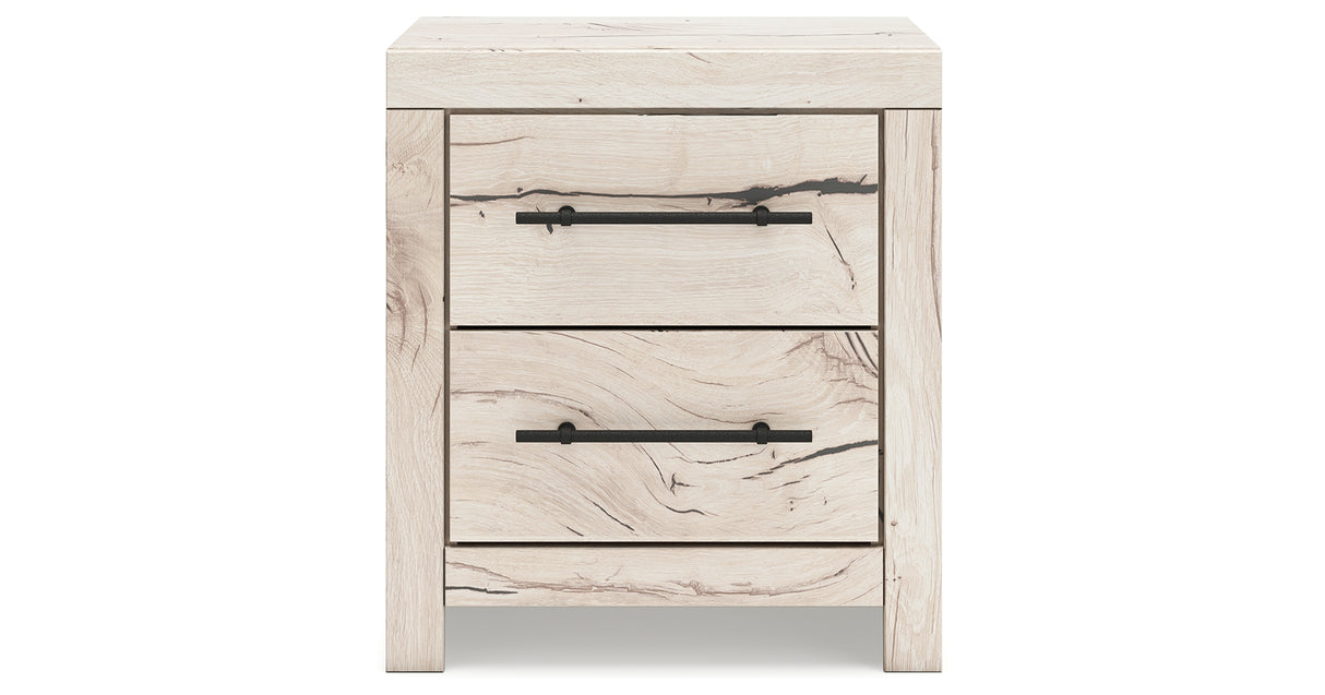 Lawroy King Panel Bed with Mirrored Dresser and Nightstand in Light Natural from Ashley - Luna Furniture
