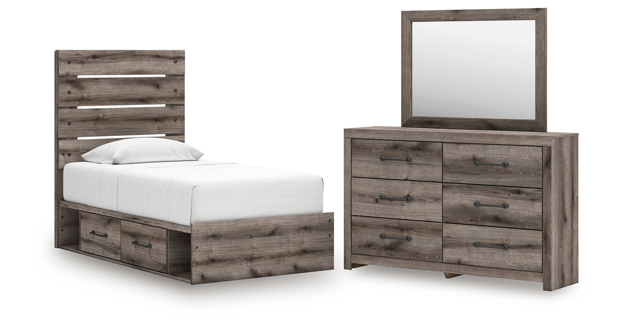 Graystorm Twin Panel Storage Bed with Mirrored Dresser in Brown Gray from Ashley Furniture - Luna Furniture