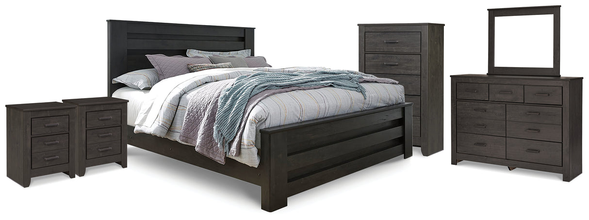 Brinxton King Panel Bed with Mirrored Dresser, Chest and 2 Nightstands in Charcoal from Ashley - Luna Furniture