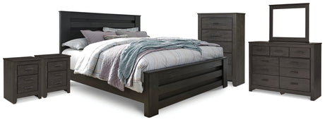 Brinxton King Panel Bed with Mirrored Dresser, Chest and 2 Nightstands in Charcoal from Ashley - Luna Furniture