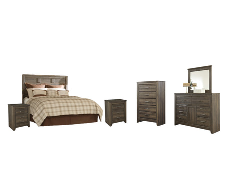 Juararo Queen Panel Headboard Bed with Mirrored Dresser, Chest and 2 Nightstands in Dark Brown from Ashley Furniture - Luna Furniture