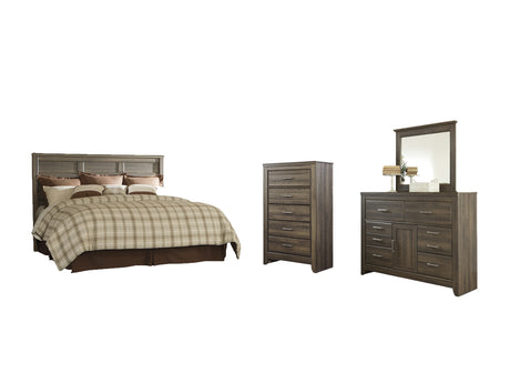 Juararo King/California King Panel Headboard Bed with Mirrored Dresser and Chest in Dark Brown from Ashley Furniture - Luna Furniture